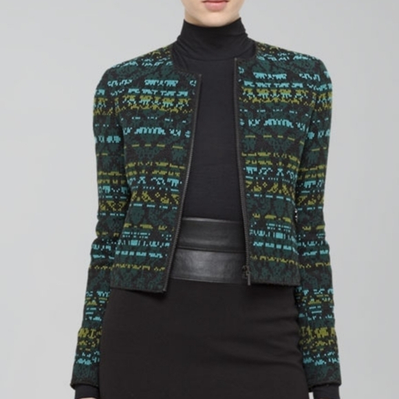 Akris Punto Jackets & Blazers - Akris Punto Jacquard Jacket Turquoise/Black 10 Cotton Wool Blend Round Neckline